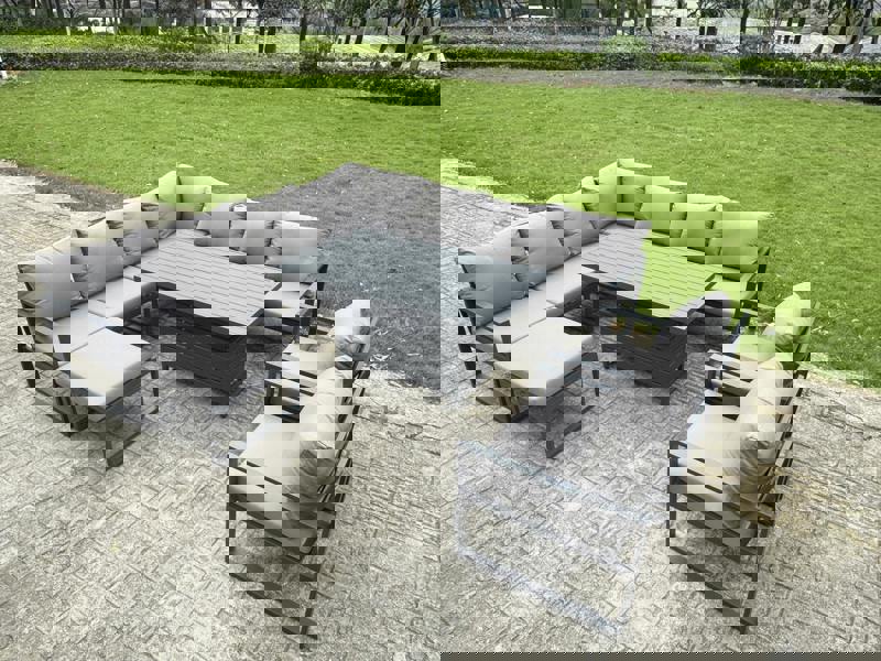 Fimous 10 Seater Aluminium Outdoor Garden Furniture Set with Rising Dining Table, Corner Sofa, 2 Chairs, Footstool - Grey