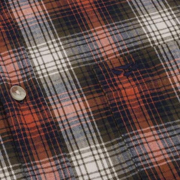 Close-up of Hoggs of Fife Tiree shirt fabric showing green and blue herringbone check pattern, made for rural wear