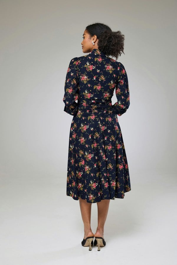 Isha's Timeless collection Navy Flora Cord Long Sleeve Dress