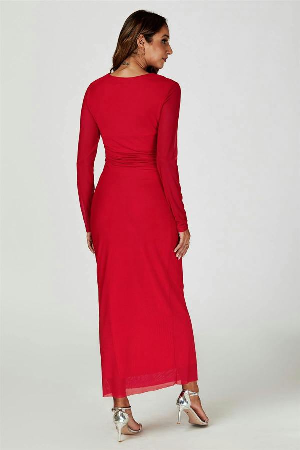 FS Collection Long Sleeves Mesh Midi Dress In Red