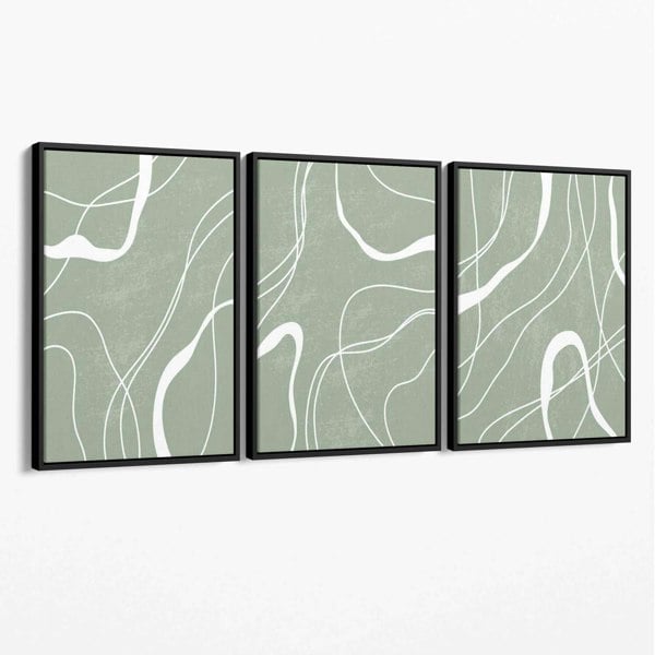 Set of 3 Abstract Green and White Strokes Canvas Art Prints with Black Float Frame
