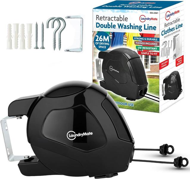 Laundry Mate Retractable Washing line – Duo Reels 30 & 26M Heavy Duty Extendable Washing Line with Twin Cable & Wall Mounted