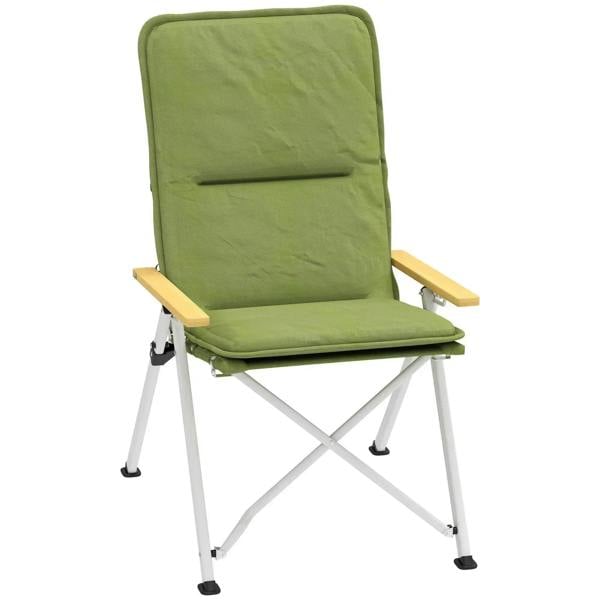 Green padded camping chair with foldable metal legs and wooden armrests