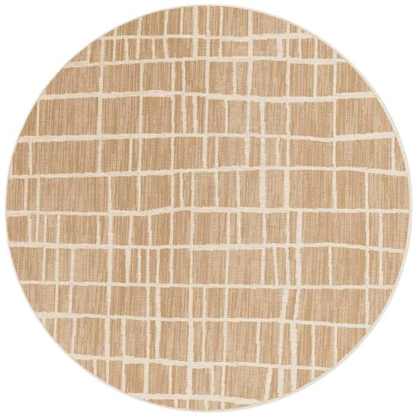 Round beige rug with a subtle checkered pattern on a white background
