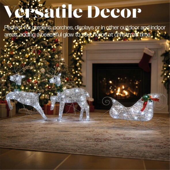 Scotts of Stow Xmas Haus LED Silver Glitter Deer and Sleigh Outdoor Decoration with Flash  and Timer