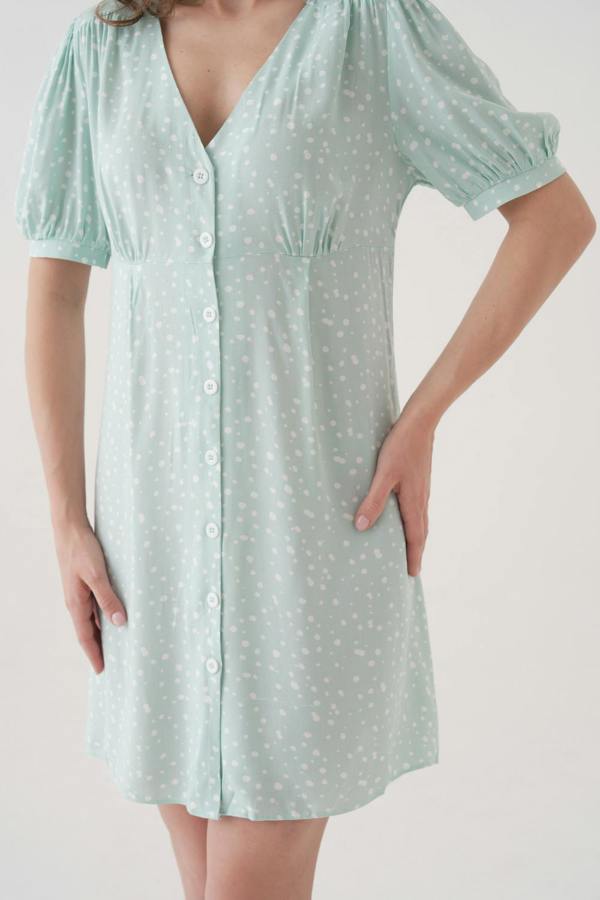 Hoxton Gal Relaxed Fit Green & White Polka Dot Button-Front Puff-Sleeve Mini Dress