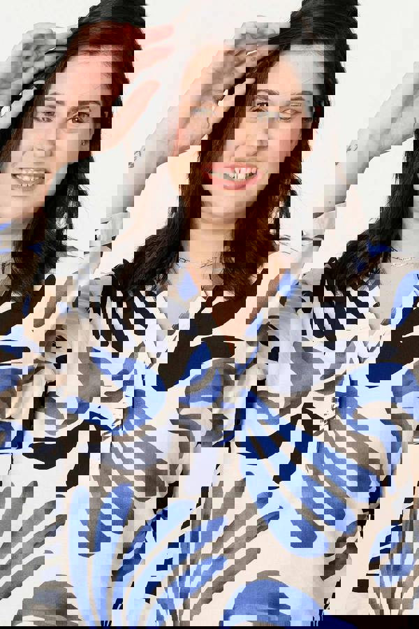 Blue | Curve Abstract Turn-Up Sleeve Top