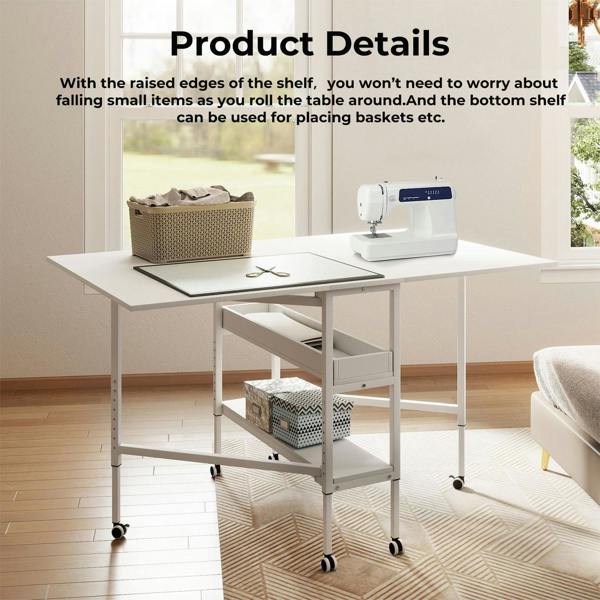Levede Folding Sewing Table Large 84–102 cm Adjustable Lockable Casters Steel