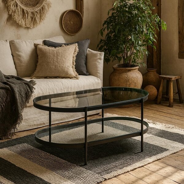 Wyld Haus Featheroak Grey Glass Oval Coffee Table Black Metal Legs