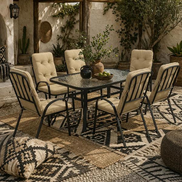 Wyld Haus Seriva 6 Seater Cream Garden Dining Set with Black Metal Frame