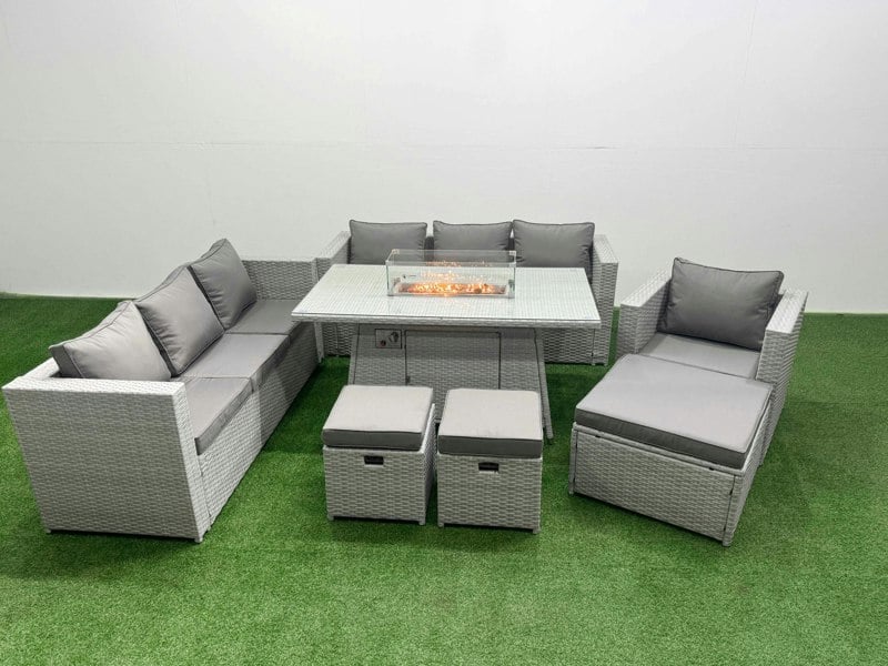 Fimous 10 Seat PE Rattan Lounge Sofa Set Outdoor Garden Furniture Set with Fire Pit Dining Table 3 Seater Sofa 3 Stools Light Grey