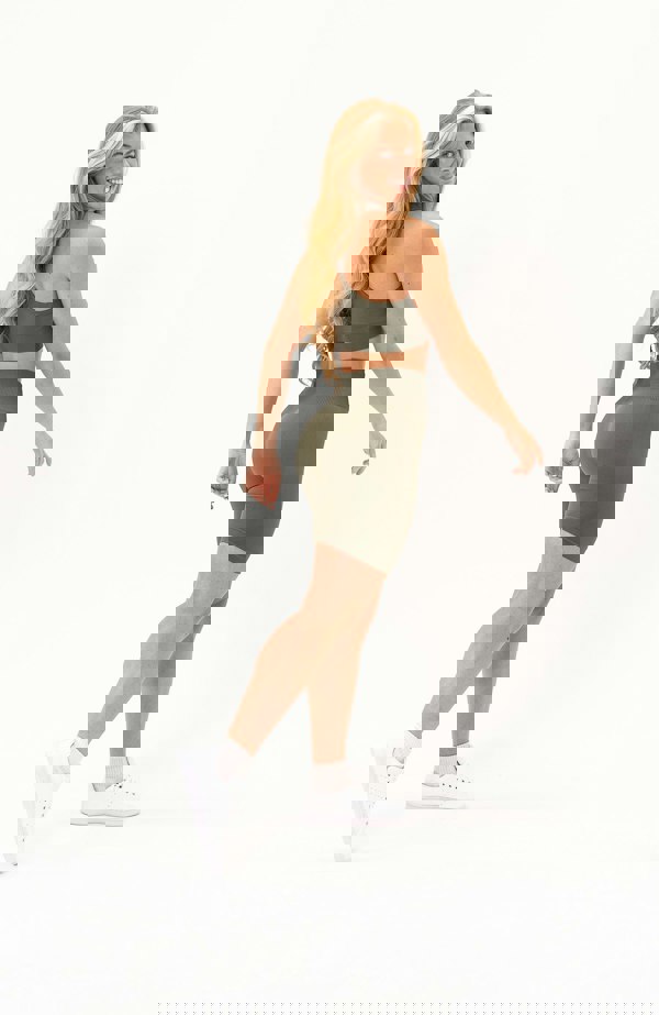 V3 Apparel Women's seamless Limitless high waisted cycle shorts in olive fade green – Squat proof 5 inch inseam leg bum enhancing shorts for Gym workouts training, Running, yoga, bodybuilding and bikini fitness.