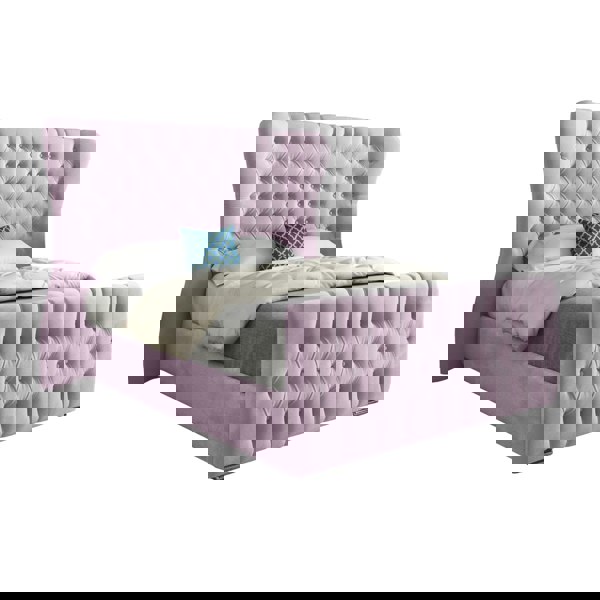 Casa Magna Parma Wide Curved Winged Upholstered Soft Velvet Bed Frame - Pink