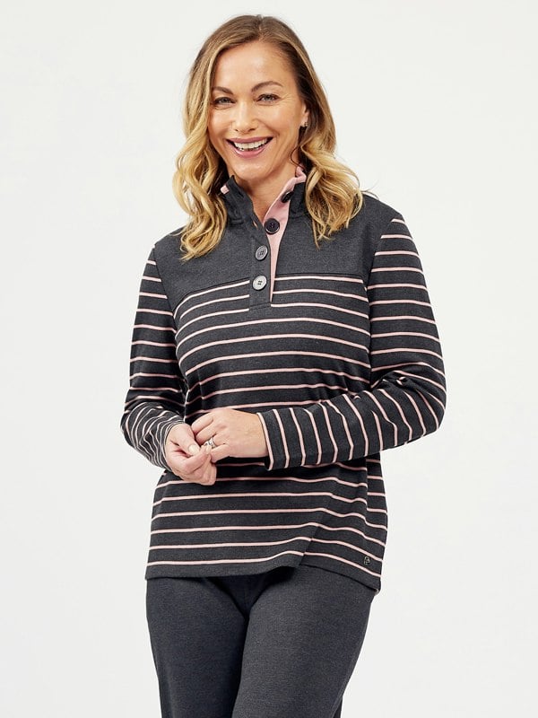 PennyPlain Striped Funnel Neck Top - Charcoal