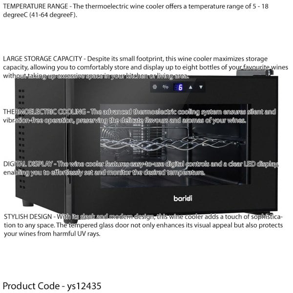8 Bottle Worktop Wine Cooler Fridge - Thermoelectric & LED Backlit BLACK - LoopsDirect