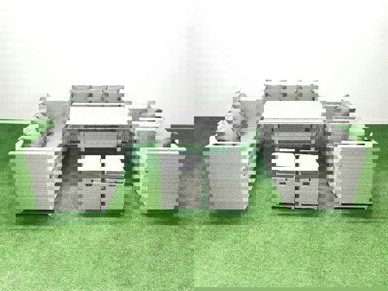 Fimous Rattan Garden Furniture Set Outdoor 8 Seater Patio Dinin g Sofa Sets with Dining Table 2 Chairs 2 Small Footstools Light Grey Mixed