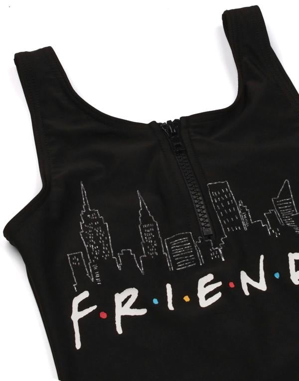 Friends Girls Black Logo Print With Zip Detail 1 Piece Swimming Costume