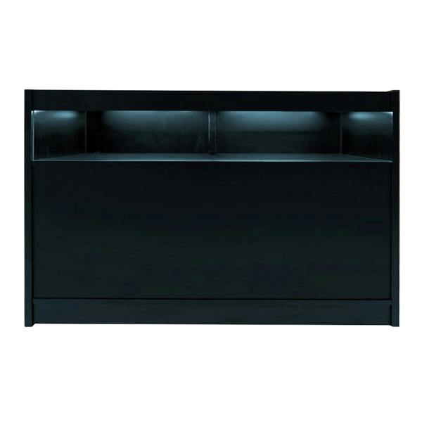 Sleek black LED retail shop counter B1500 with illuminated shelves, featuring a smooth finish and modern design for stylish displays