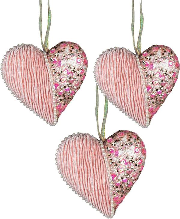 12cm Baby Pink Heart Christmas Hanging Decorations Set of 3 with Glitter, Pearls and Sequins image 4
