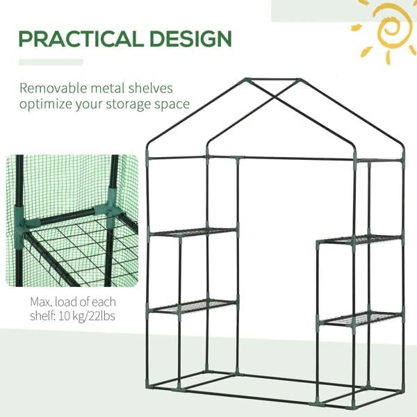 Green portable greenhouse with removable metal shelves and sturdy steel frame