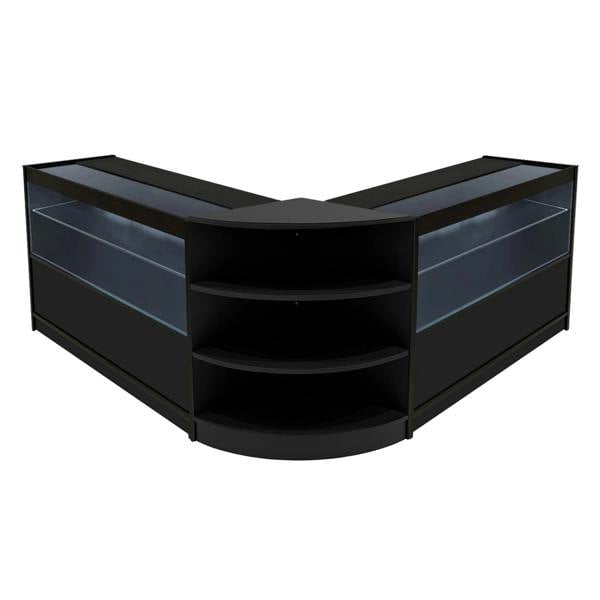 Black Andromeda LED shop counter set featuring a sleek, modern design with glass display sections and curved shelving for optimal product visibility
