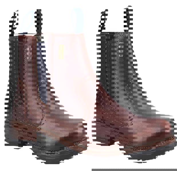 Cotswold Laverton Womens Waterproof Classic Pull On Leather Ankle Boots, close-up of brown leather ankle boot with navy elastic panel and pull tabs.