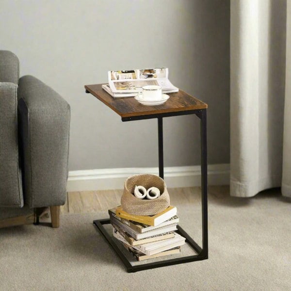 Rustic brown and black laptop side table with steel frame for sofa or bed use

