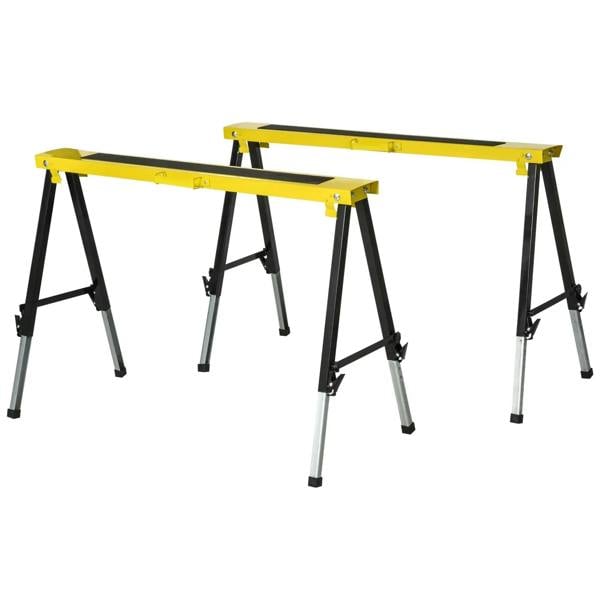 Yellow and black folding metal sawhorse trestle stands with non-slip work surface