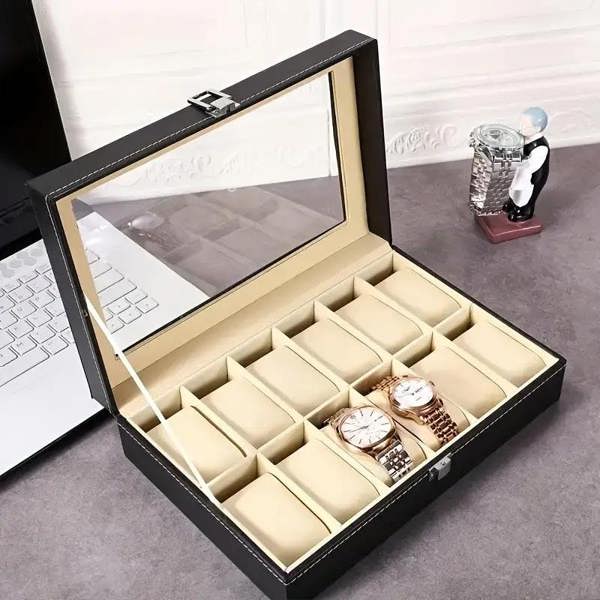 Dyzi 12 Slot Faux Leather Watch Box Transparent Lid Velvet Lined Organiser