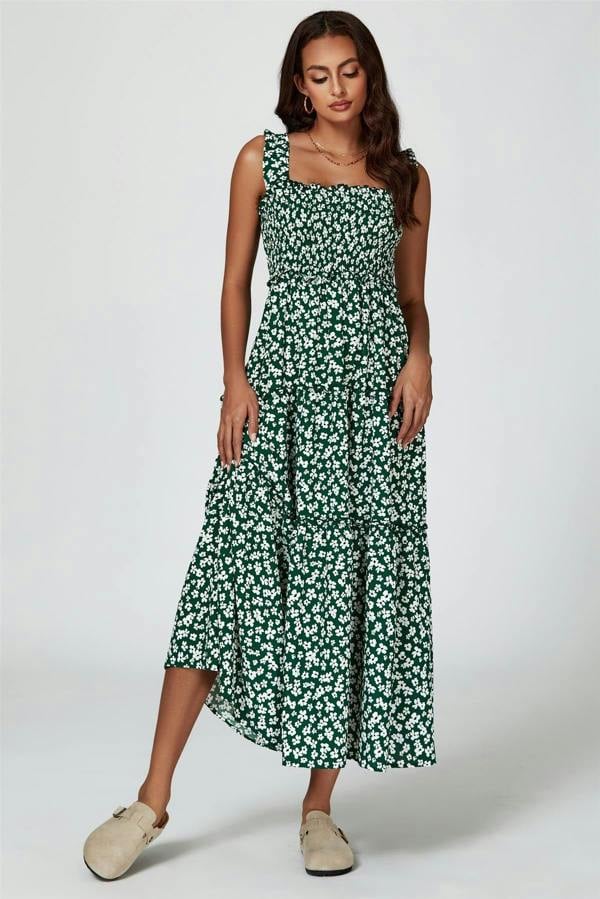 FS Collection Floral Print Hem Detail Tiered Maxi Dress In Green