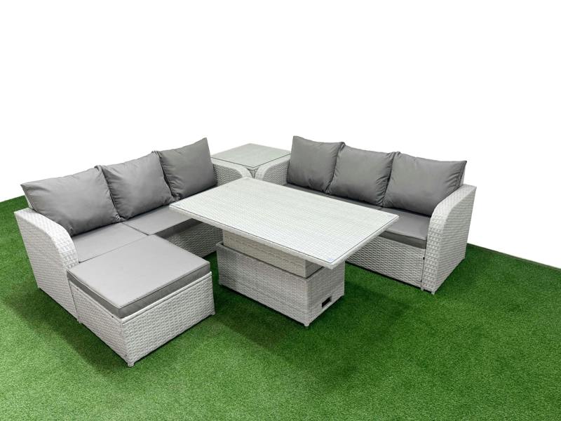 Fimous 7 Seater Outdoor Sofa Set, Wicker Garden Furniture, Adj Height Table, High Back Lounge Sofa, Big Footstool and Side Table, Light Grey