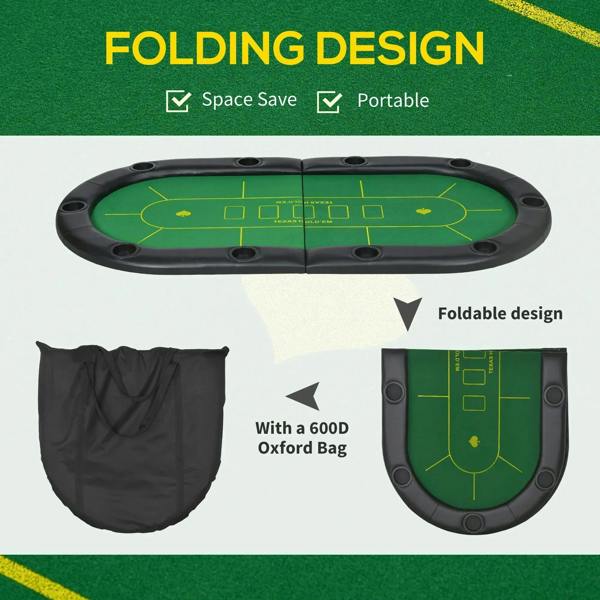 Foldable green poker mat with black edge and included carry bag for transport