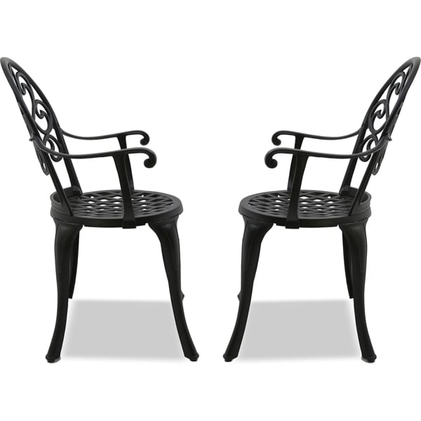 Homeology PREGO 2-Large Garden and Patio Bistro Chairs with Armrests in Cast Aluminium Black