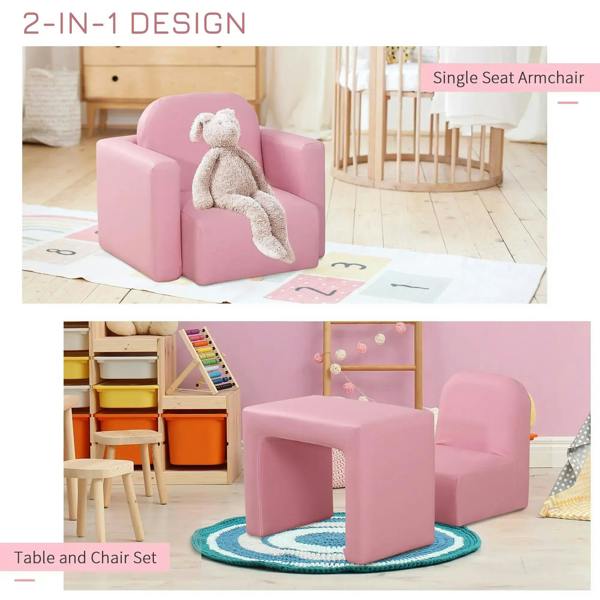 Pink toddler single-seat armchair with matching table piece, shown in two setups