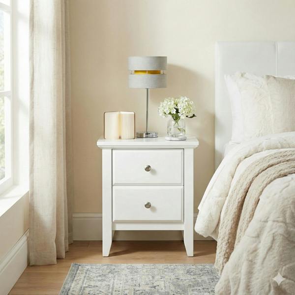 Mission TM 2 Drawer Bedside Table, Solid Pine Nightstand, Satin White Finish