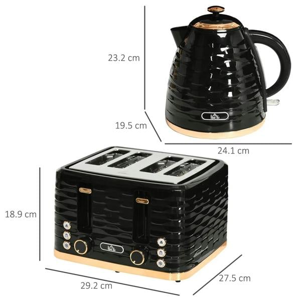 Black kettle and 4-slice toaster shown with dimension lines for size and height