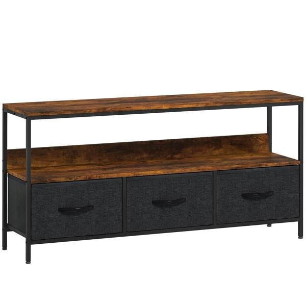 Rustic brown TV stand cabinet with open shelf and three dark gray foldable drawers