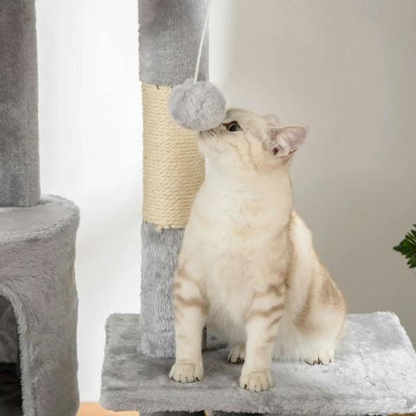 Light grey cat tree with plush square platform and sisal post, featuring a cat at the top