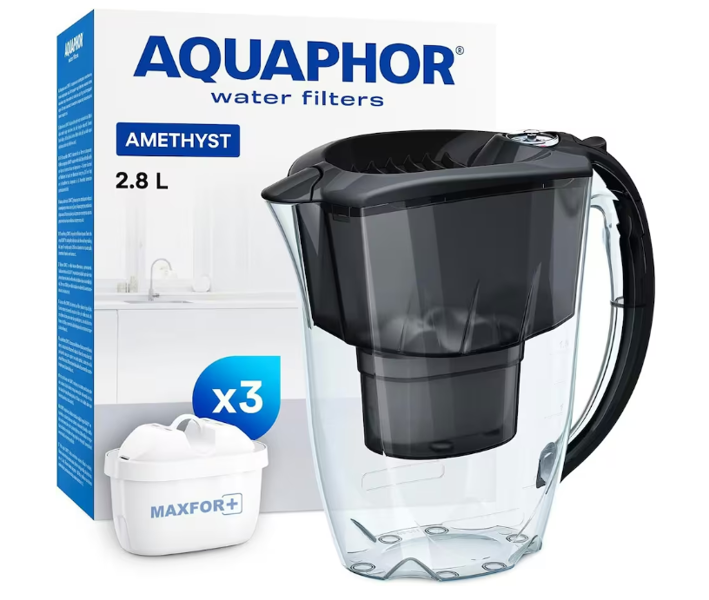 AQUAPHOR  Amethyst 2.8 Litre Water Filter Jug in Black with 3 x Maxfor+ filter