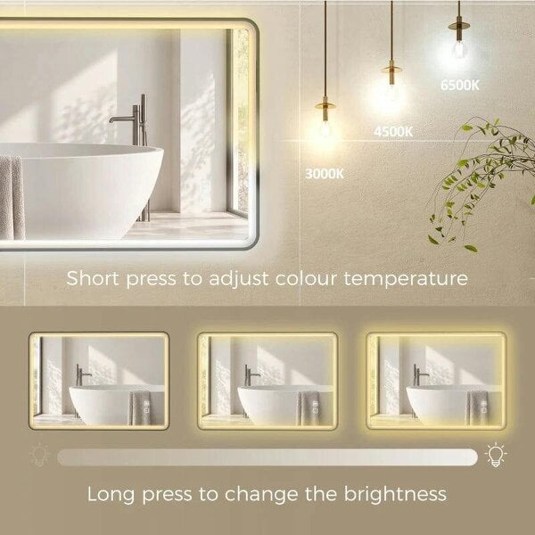 Bathroom Mirror with LED Lights, 100x70cm Rectangle Bathroom Mirror, Dimmable, Bluetooth, Anti-Fog, Black
