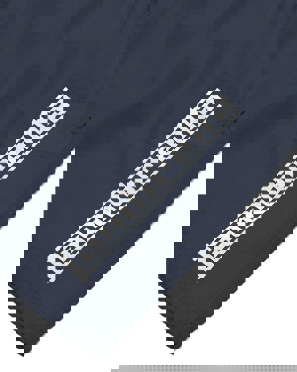 Lambretta Mens Swimming Casual Summer Shorts, navy blue fabric with white geometric logo design.