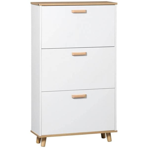 White narrow shoe cabinet with three flip drawers and wooden legs