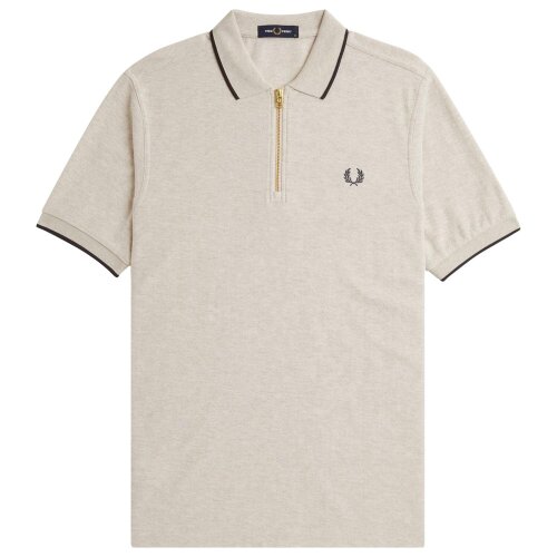 Fred Perry Crepe Pique Zip Neck Polo Shirt - Porridge Marl