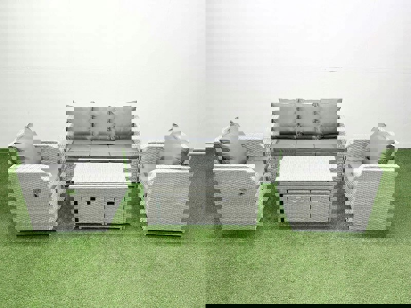 Fimous PE Rattan Garden Furniture Set Reclining Chair Sofa Lounge Sofa Set Rectangular Coffee Table 2 Small Stools Light Grey