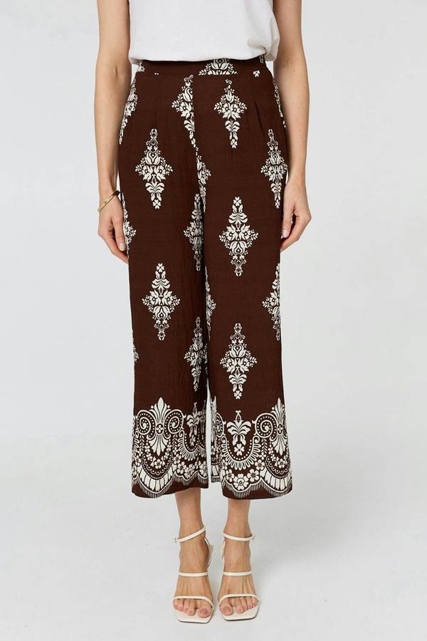 Brown | Border Print High Waist Wide Trousers