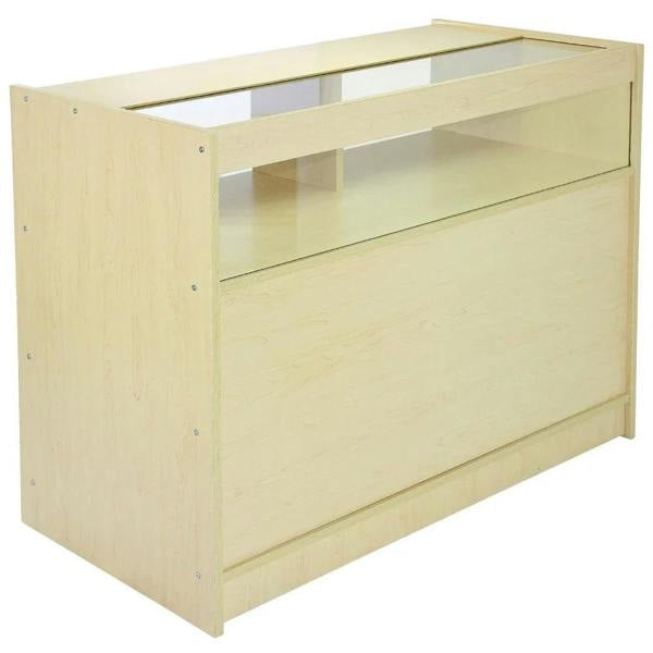 Pisces Maple Shop Counter features a light maple finish, sleek design, glass display top, and spacious storage for retail items