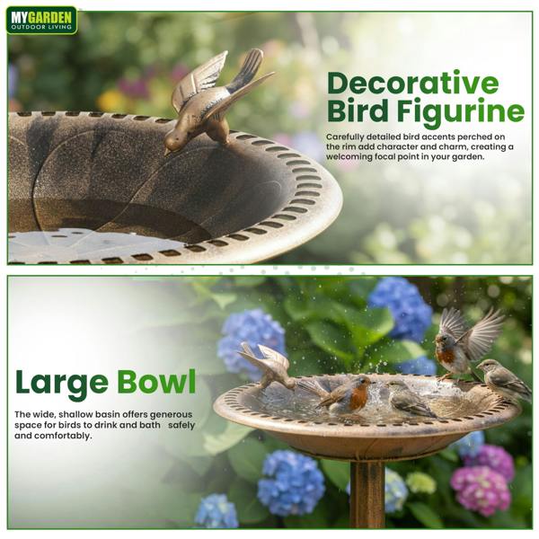 My Garden Outdoor Living My Garden Bird Bath with Ground Pegs Freestanding Bronze Effect Birds Bath for Garden & Patio Use with Wide Shallow Bowl