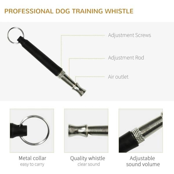 Dog training whistle with metal body and adjustable volume, shown with key ring