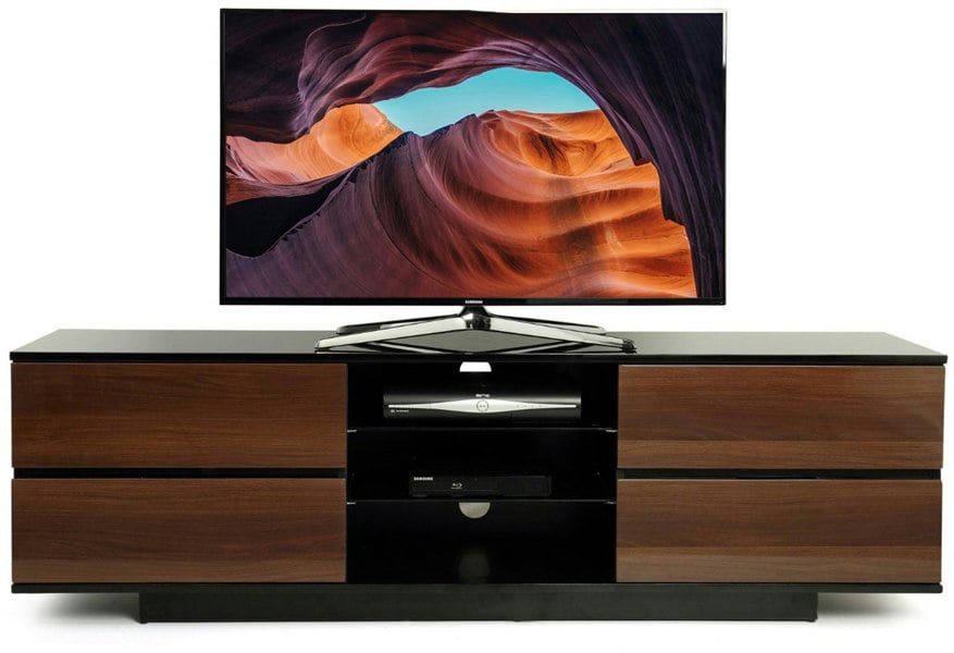 Homeology Avitus Premium High Gloss Black with 4-Walnut Drawers and 3-Shelf 32"-65" LED/OLED/LCD TV Cabinet