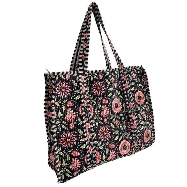 Hayley & Co Black and Pink Flower Quilted Cotton Shoulder Bag